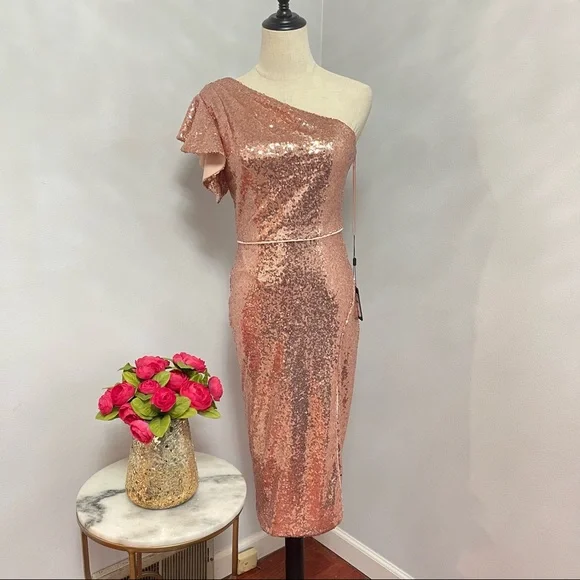 # Mac Duggal Rose Gold Sequins One Shoulder Ruffle Mini Dress / Gown New W/ Tag - Picture 4 of 17